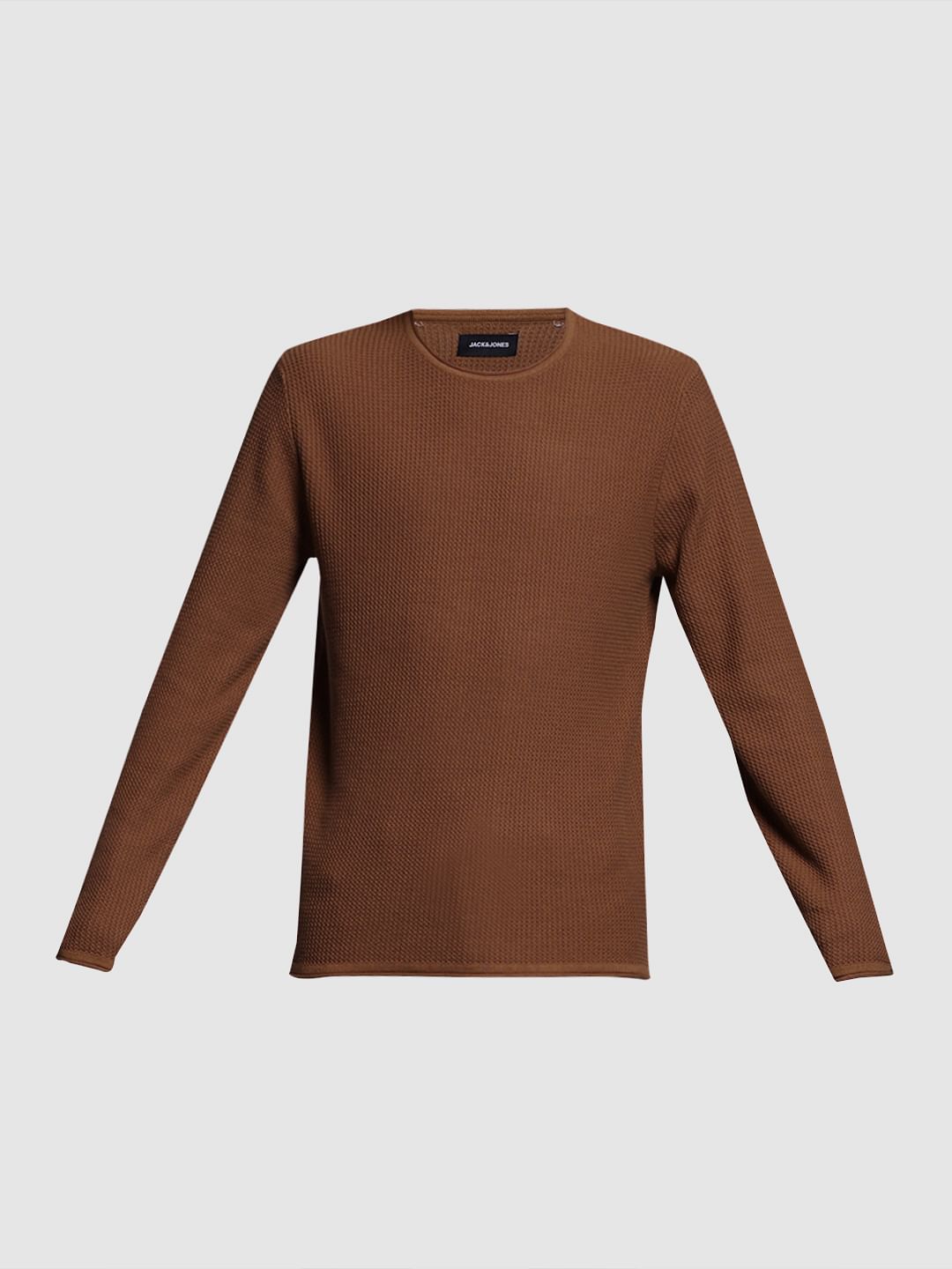Brown Raw Edge Flat Knit Pullover