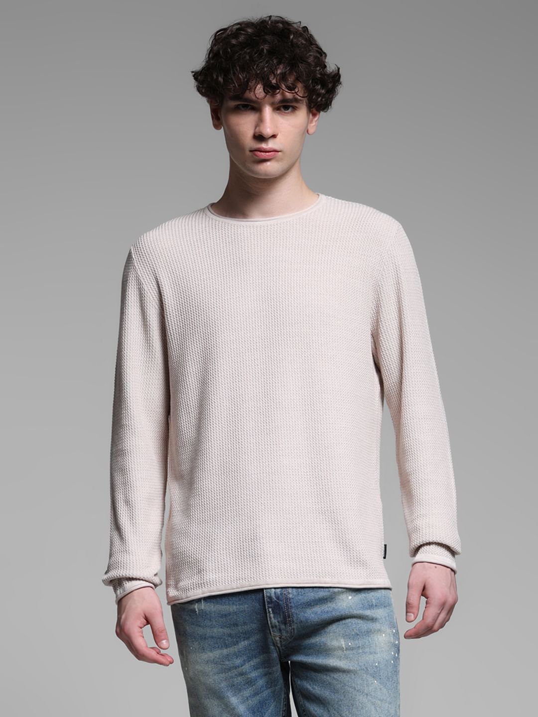 Beige Raw Edge Flat Knit Pullover