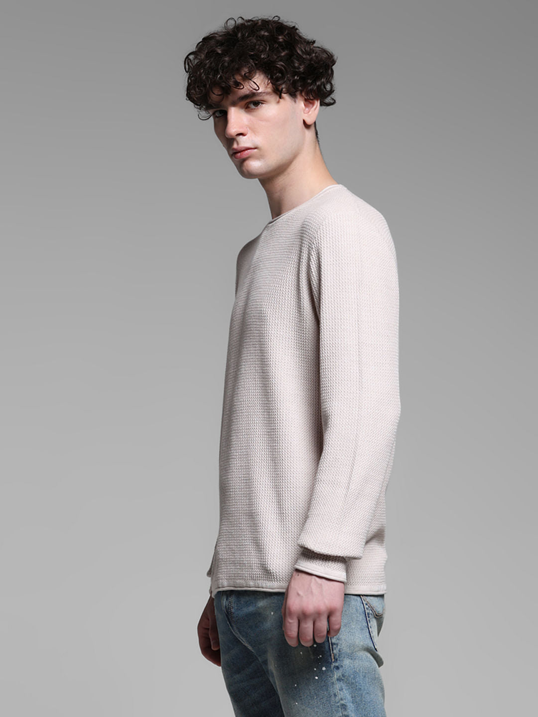 Beige Raw Edge Flat Knit Pullover