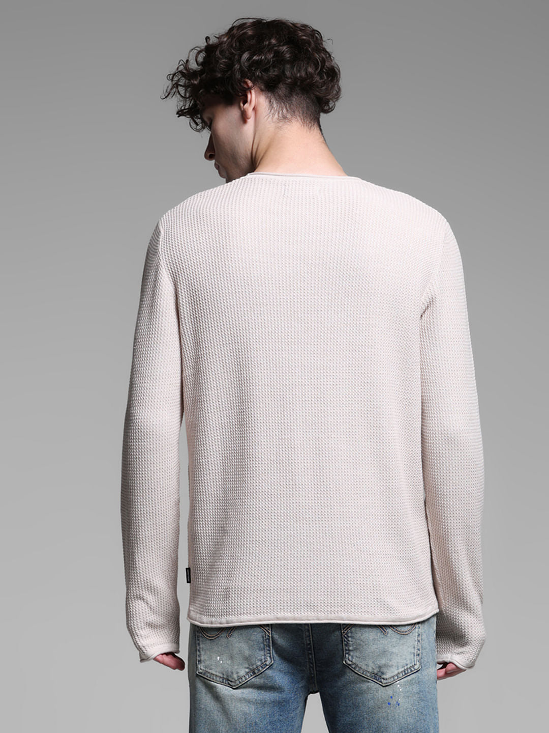 Beige Raw Edge Flat Knit Pullover