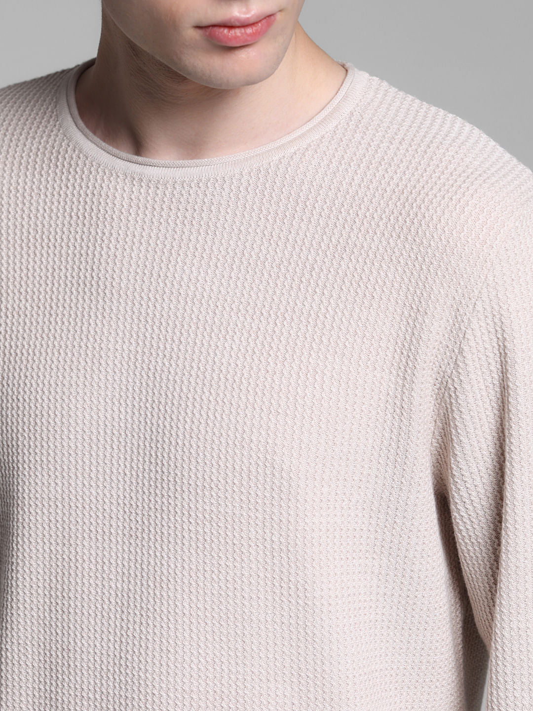 Beige Raw Edge Flat Knit Pullover