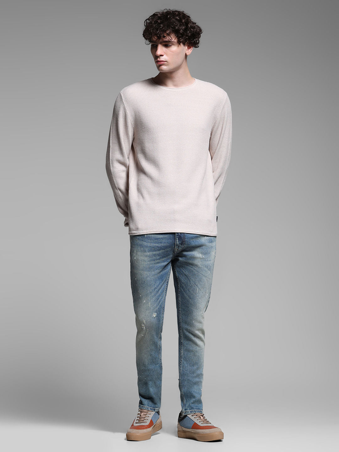 Beige Raw Edge Flat Knit Pullover