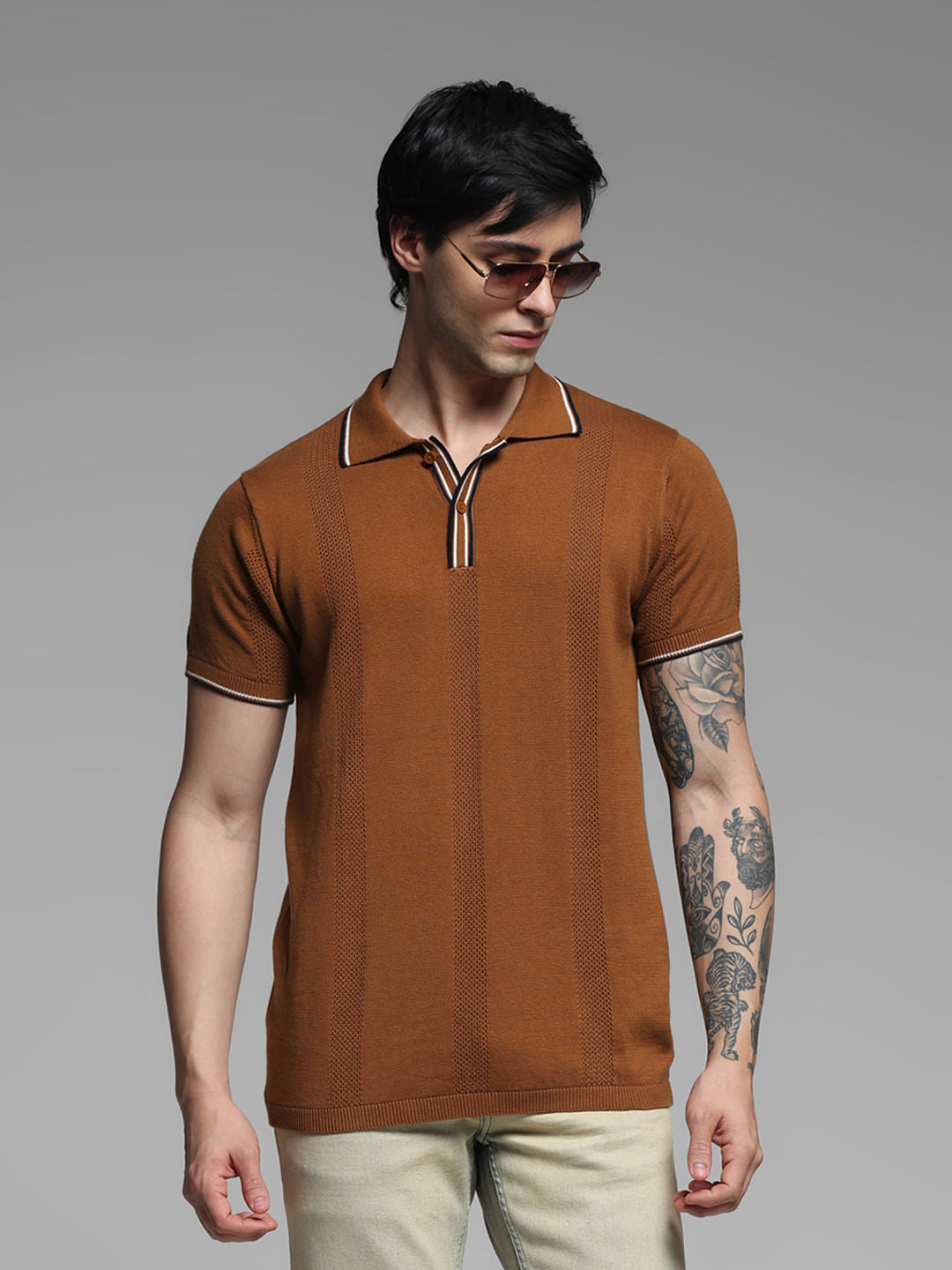 Brown Contrast Tipping Knitted Polo