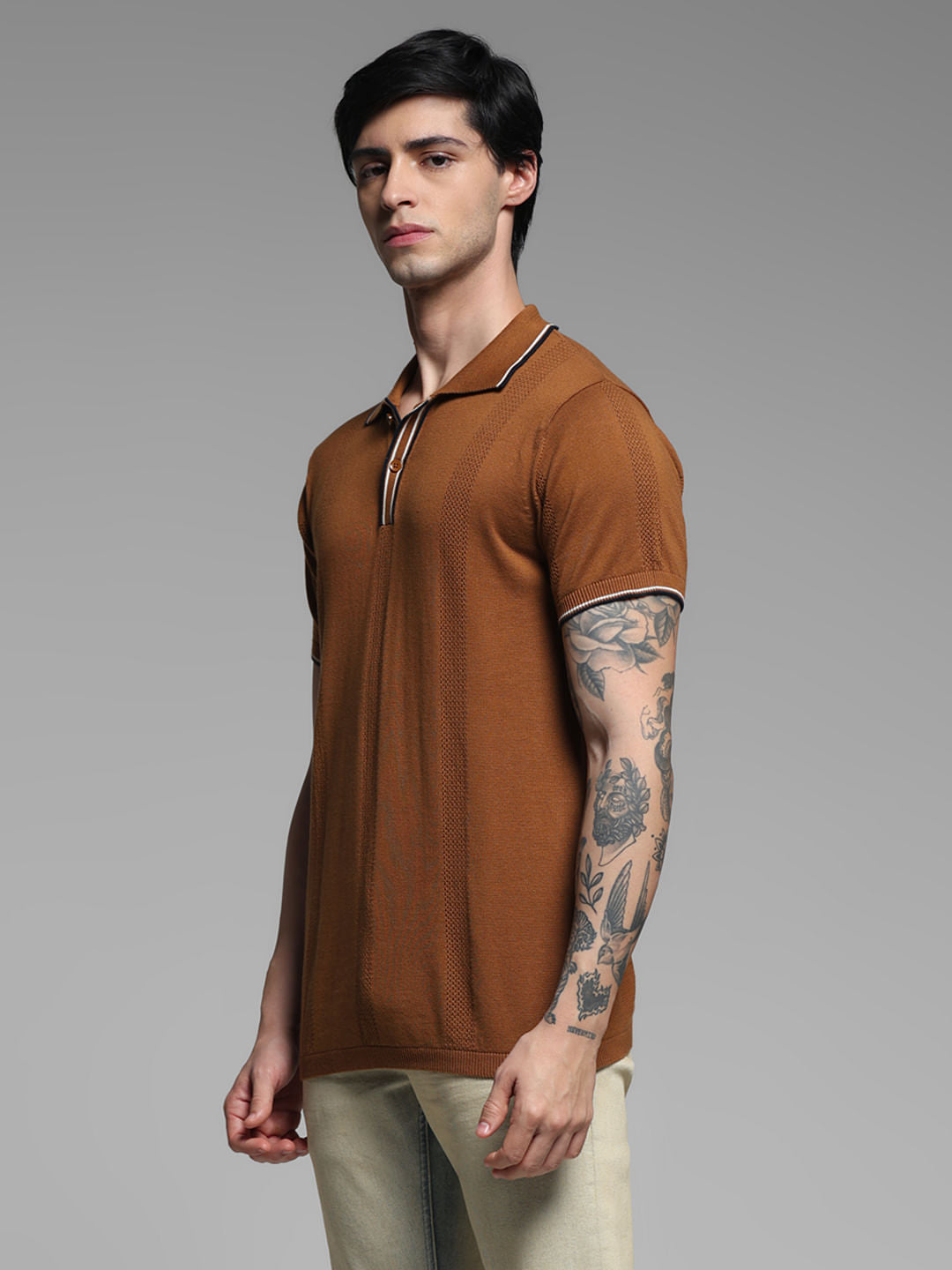 Brown Contrast Tipping Knitted Polo