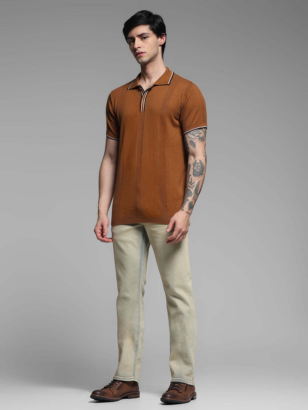Brown Contrast Tipping Knitted Polo
