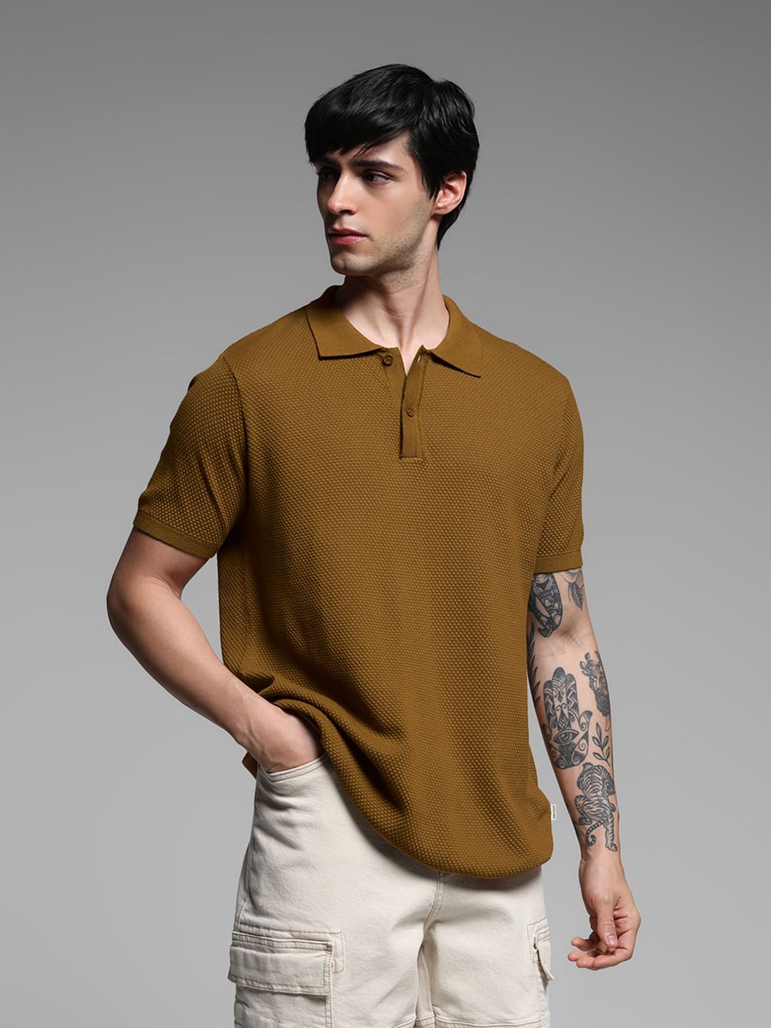 BROWN KNITTED POLO T-SHIRT