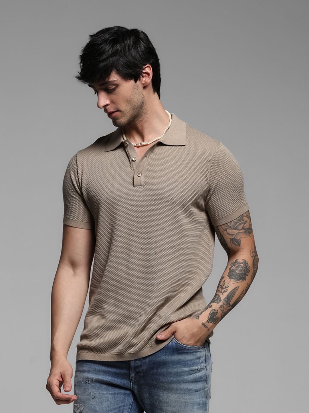 Brown Textured Knitted Polo