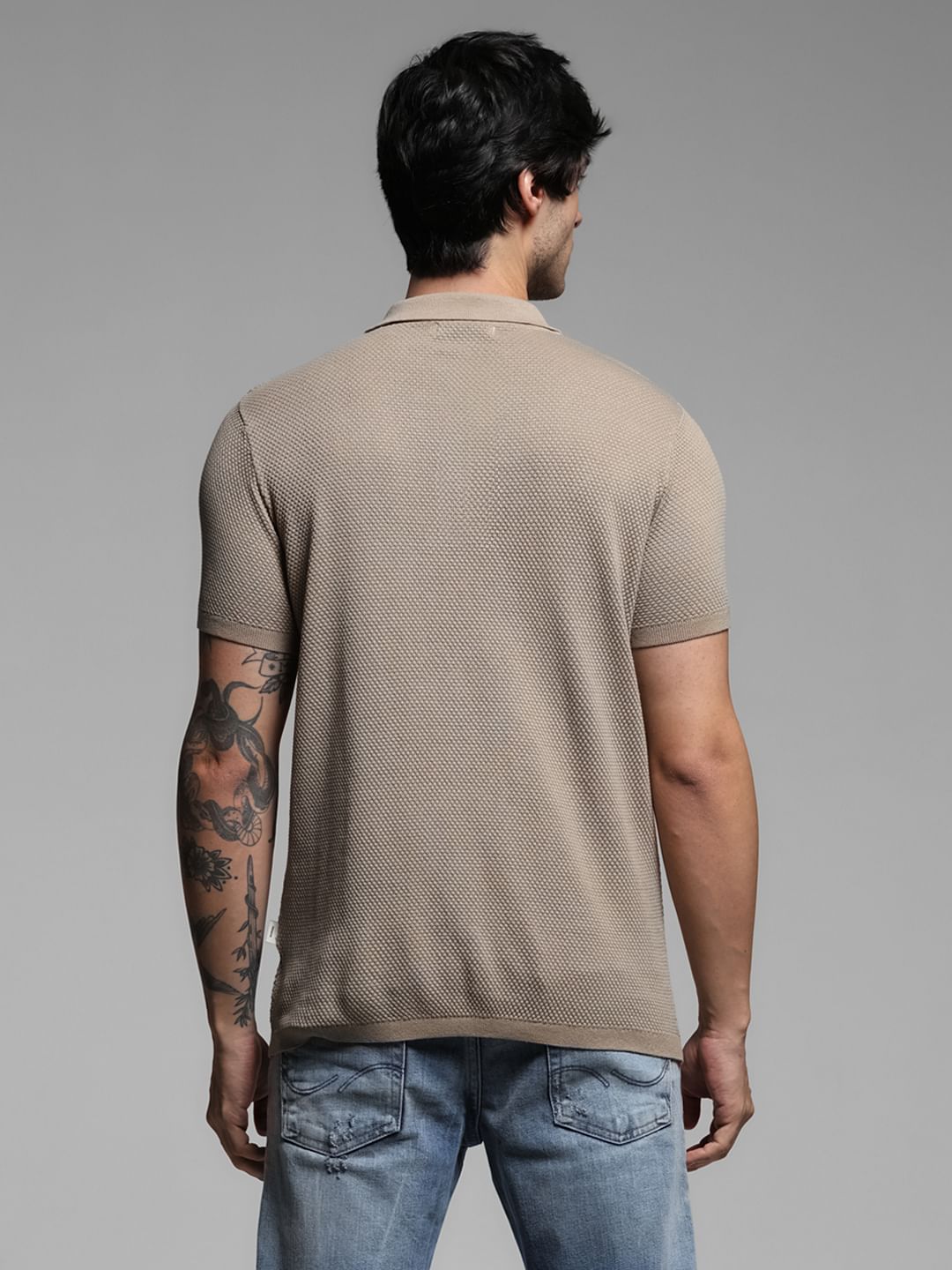 Brown Textured Knitted Polo