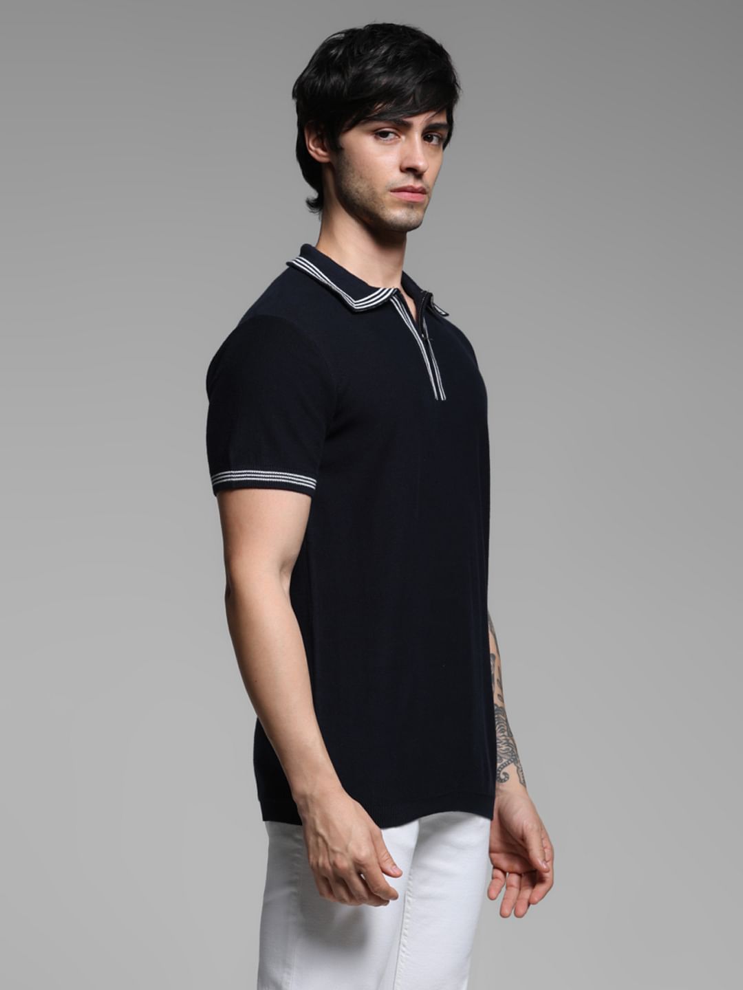 Blue Knitted Contrast Tipping Polo