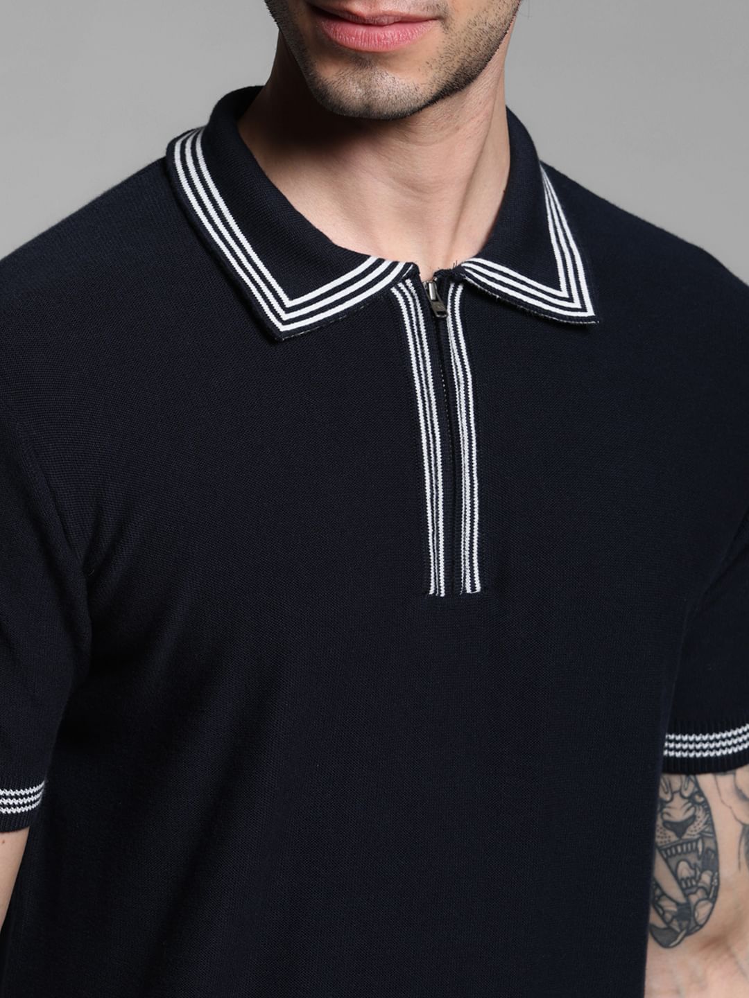 Blue Knitted Contrast Tipping Polo