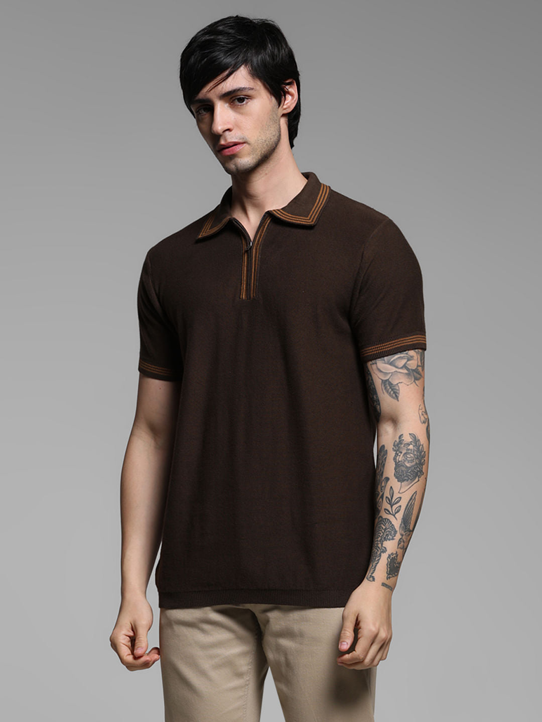 Brown Knitted Contrast Tipping Polo