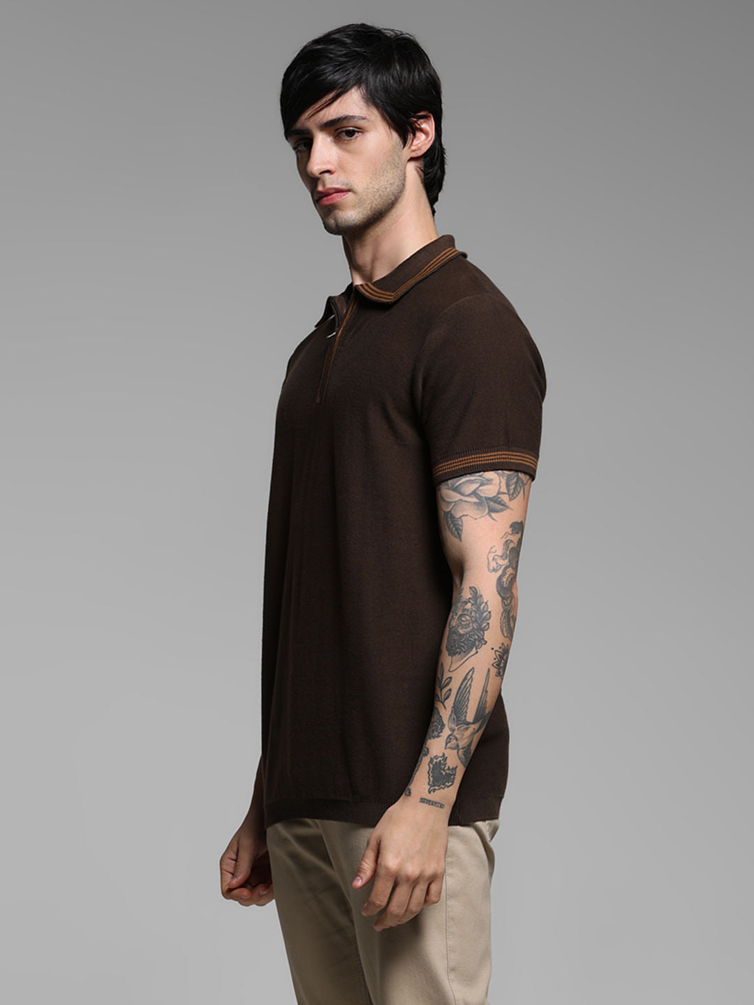 Brown Knitted Contrast Tipping Polo