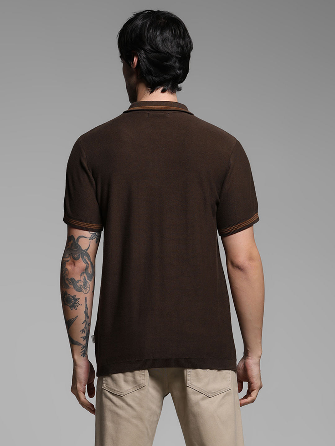Brown Knitted Contrast Tipping Polo