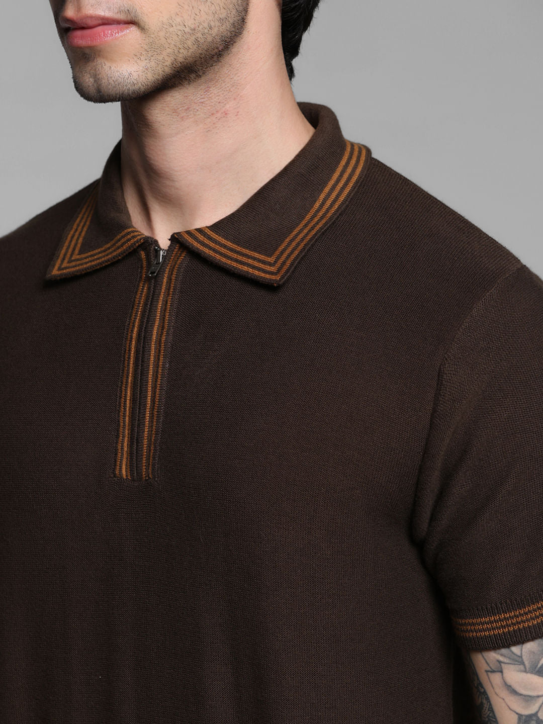 Brown Knitted Contrast Tipping Polo