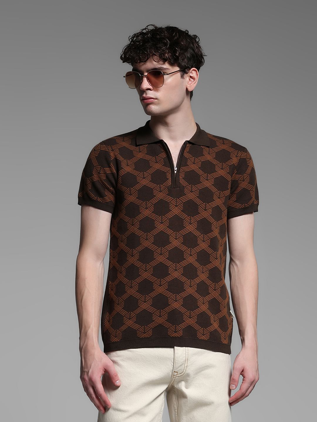 Dark Brown Jacquard Printed Polo