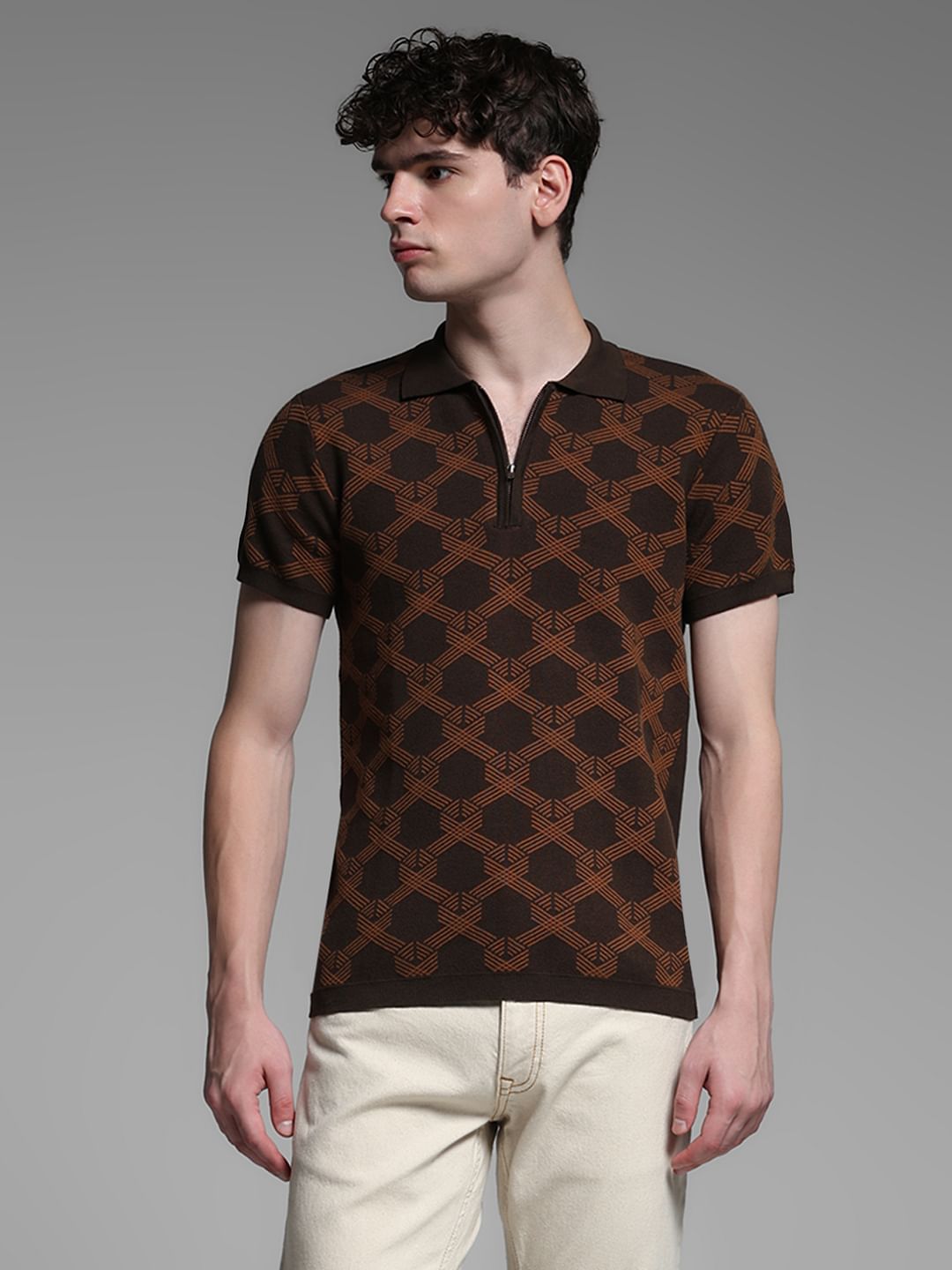 Dark Brown Jacquard Printed Polo