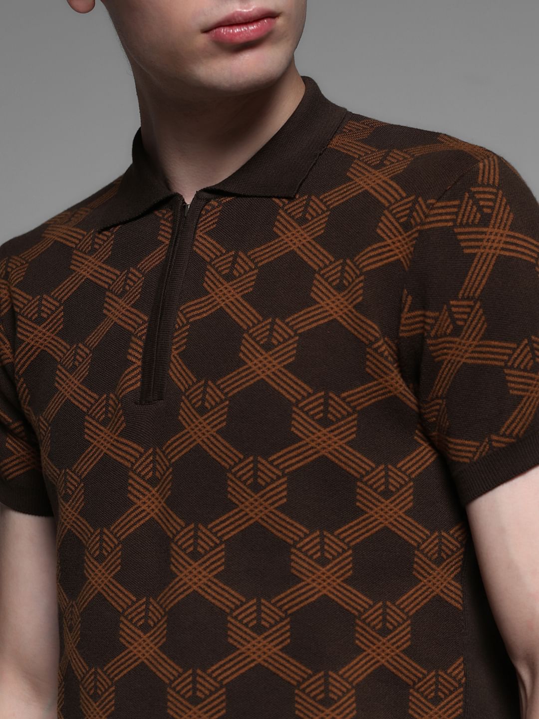 Dark Brown Jacquard Printed Polo