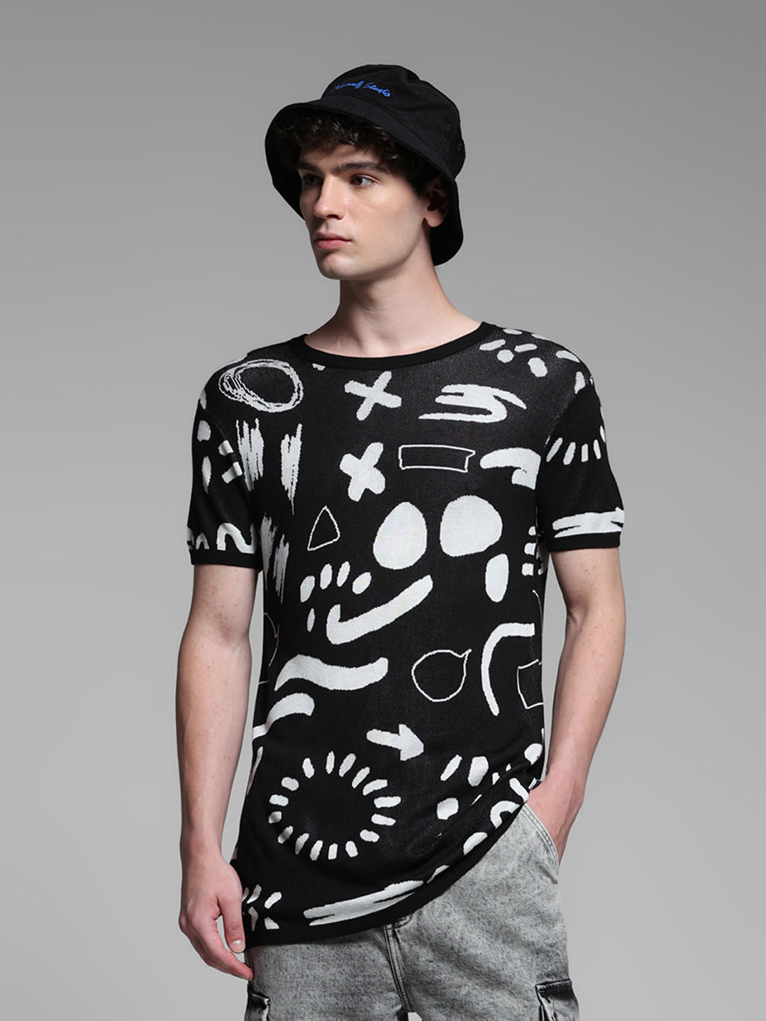 Black Jacquard Doodle Print Pullover