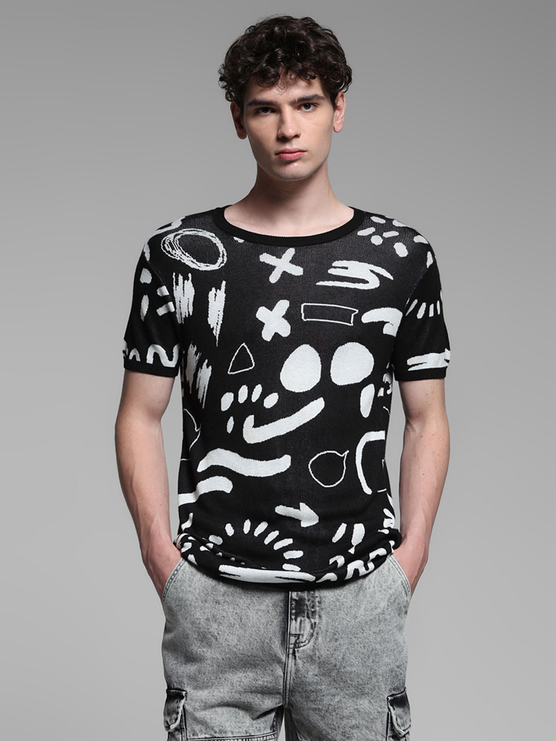 Black Jacquard Doodle Print Pullover