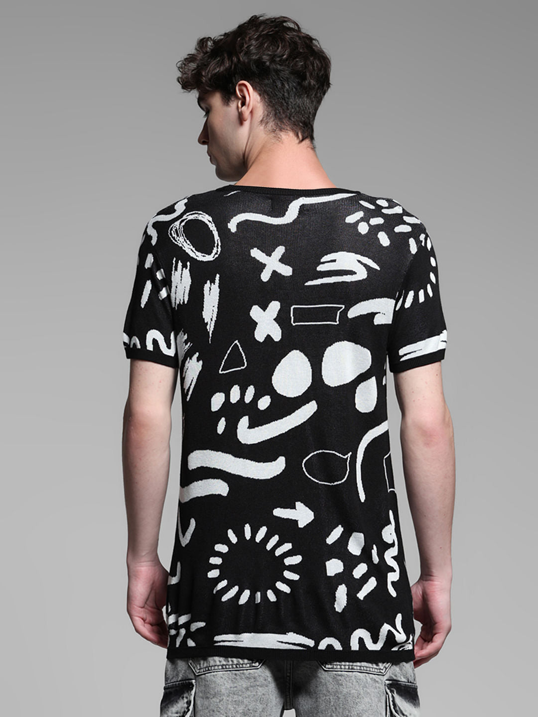 Black Jacquard Doodle Print Pullover