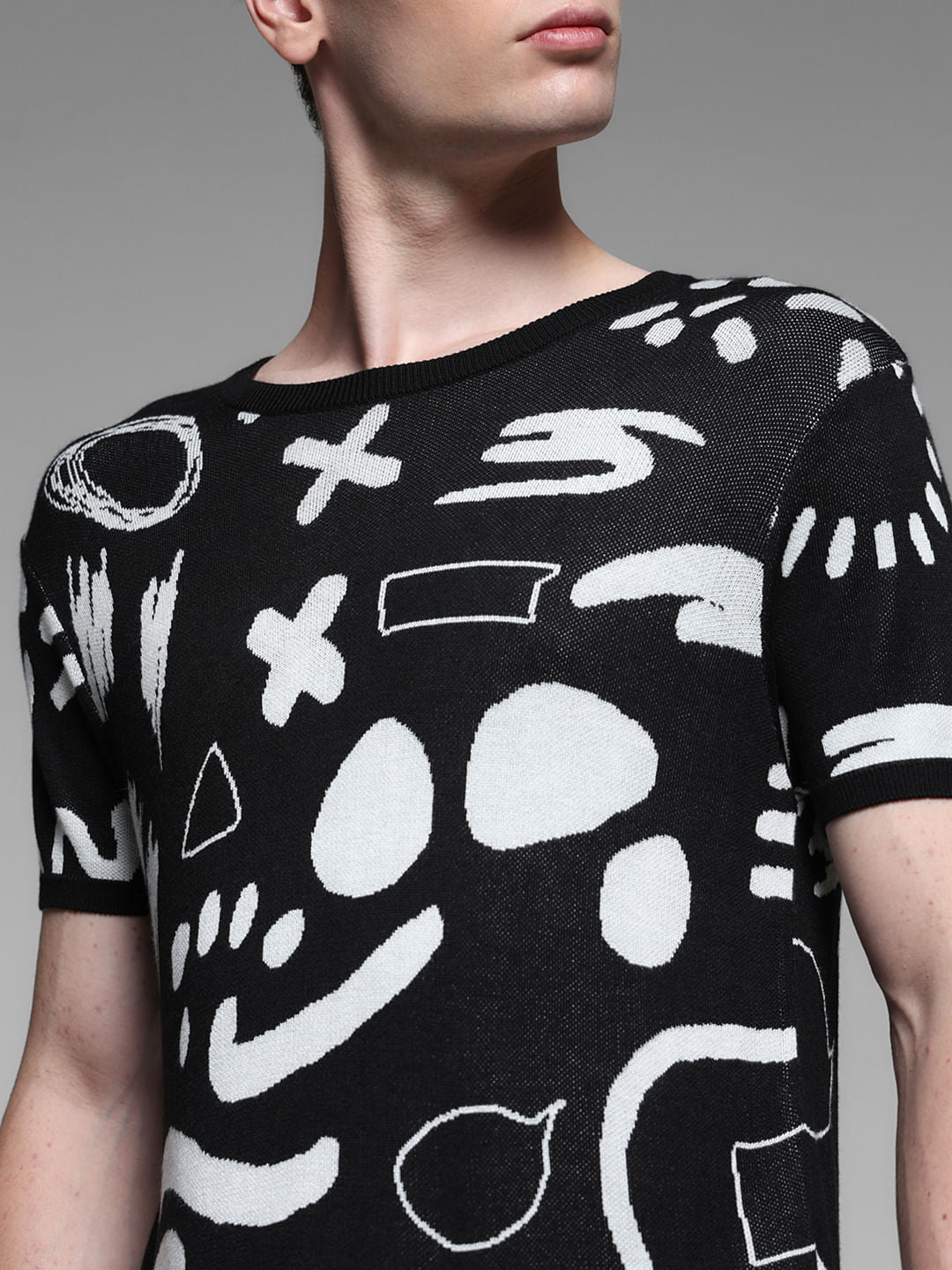 Black Jacquard Doodle Print Pullover