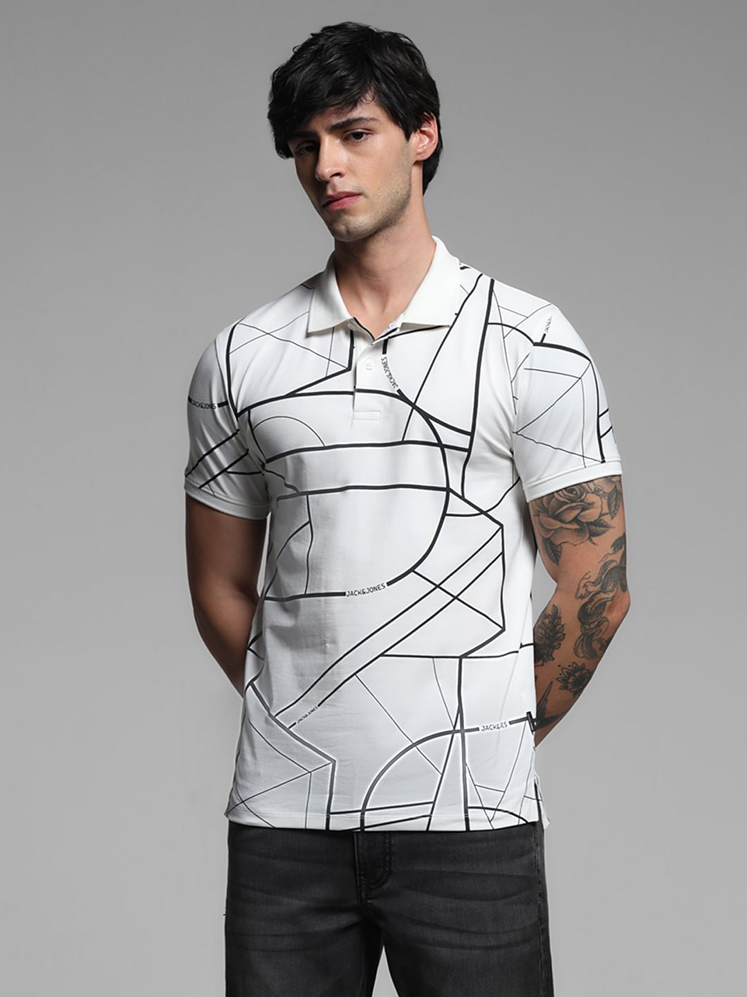 White Printed Cotton Polo Neck T-shirt