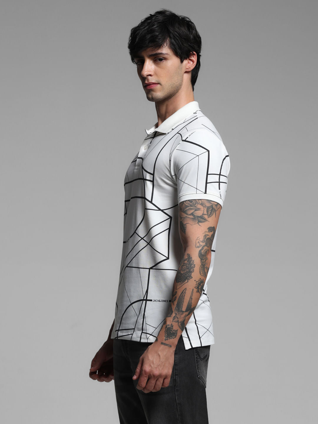 White Printed Cotton Polo Neck T-shirt