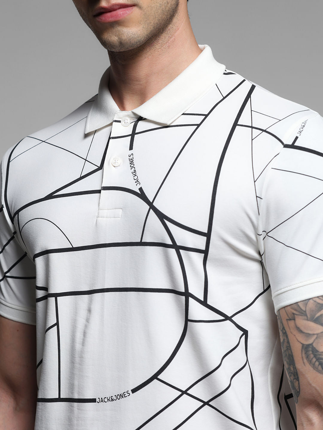 White Printed Cotton Polo Neck T-shirt