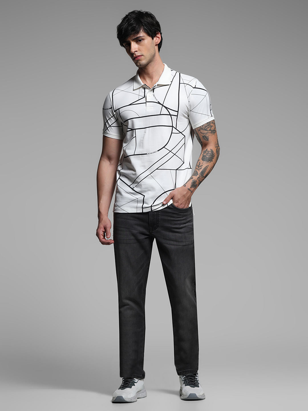 White Printed Cotton Polo Neck T-shirt