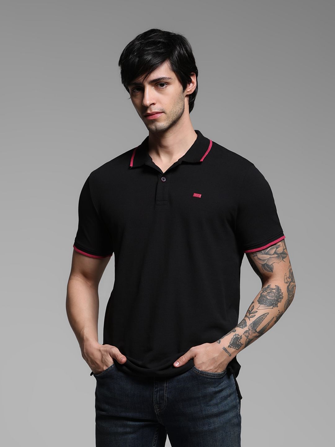 Black Logo Print Cotton Polo