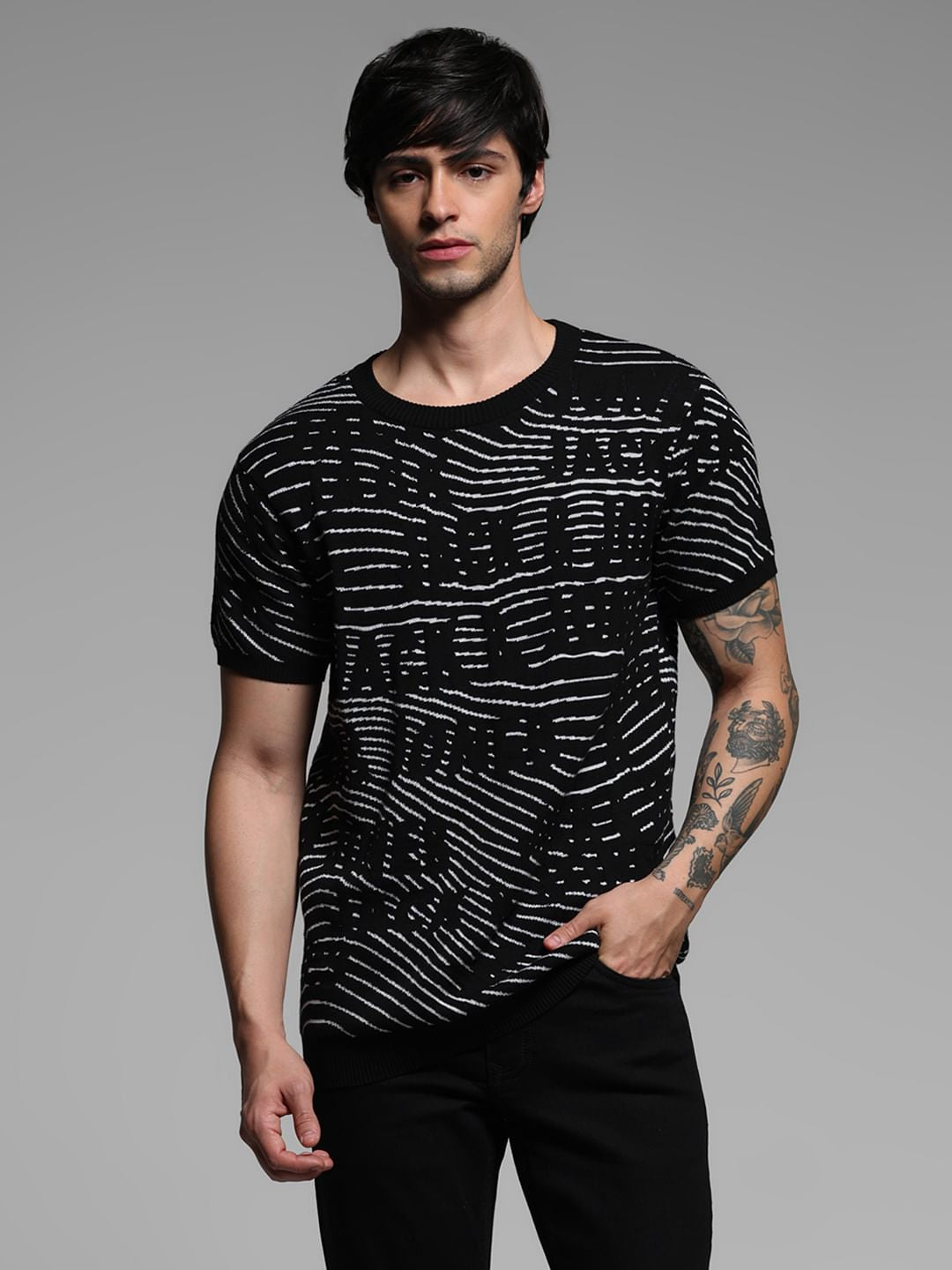 Black Logo Print Knitted T-shirt