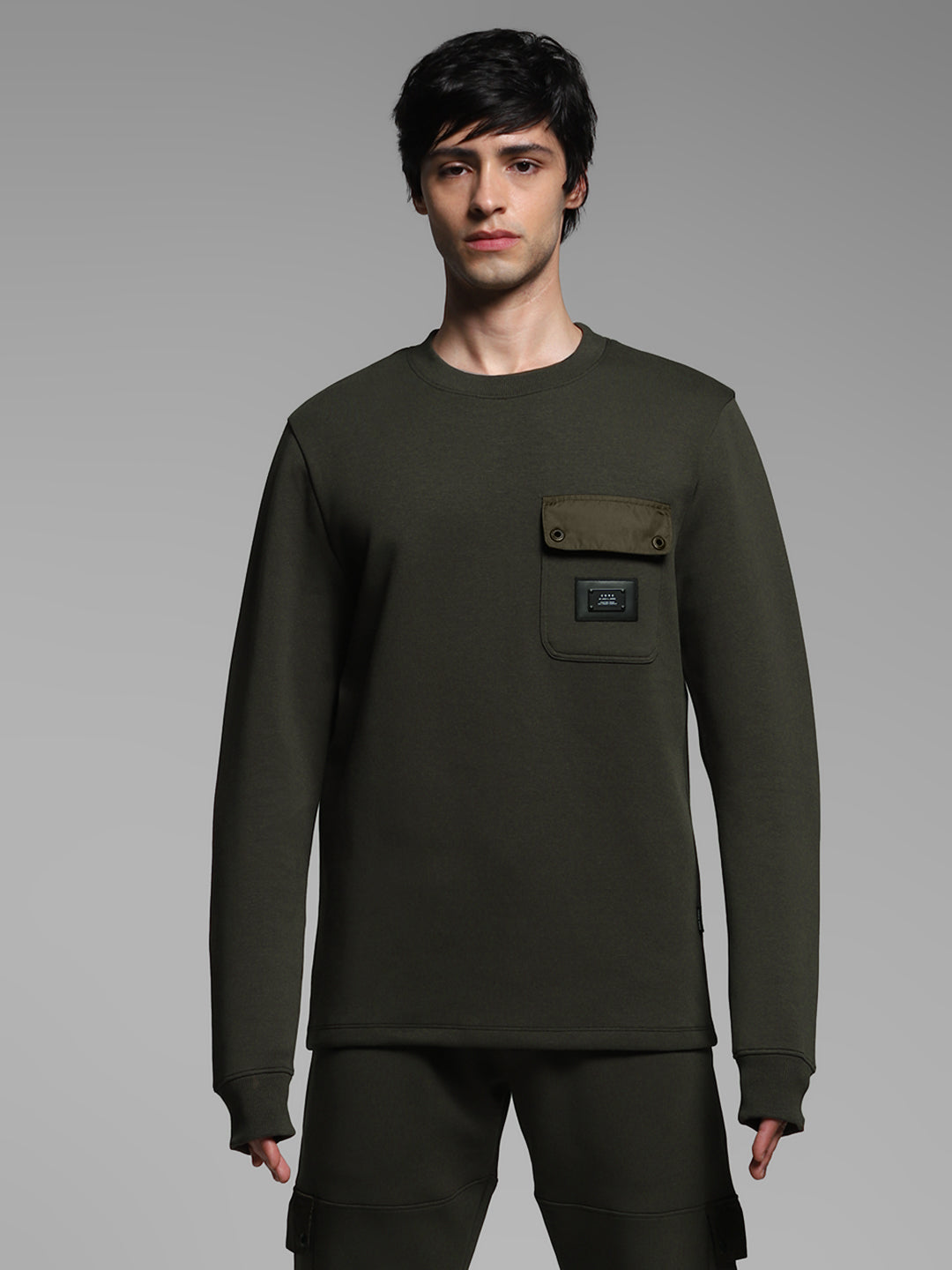 Men's Forest Green Cotton Blend Regular Fit Crew Neck Sweatshirt