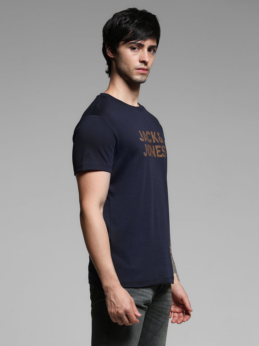 Navy Blue Logo Print Cotton T-shirt