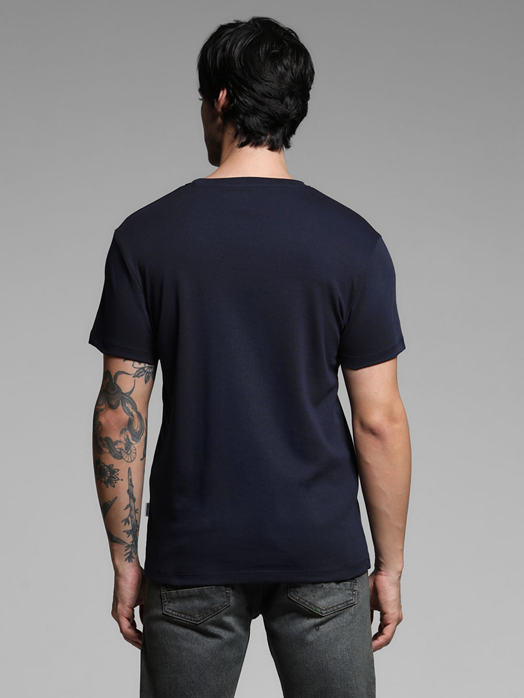 Navy Blue Logo Print Cotton T-shirt