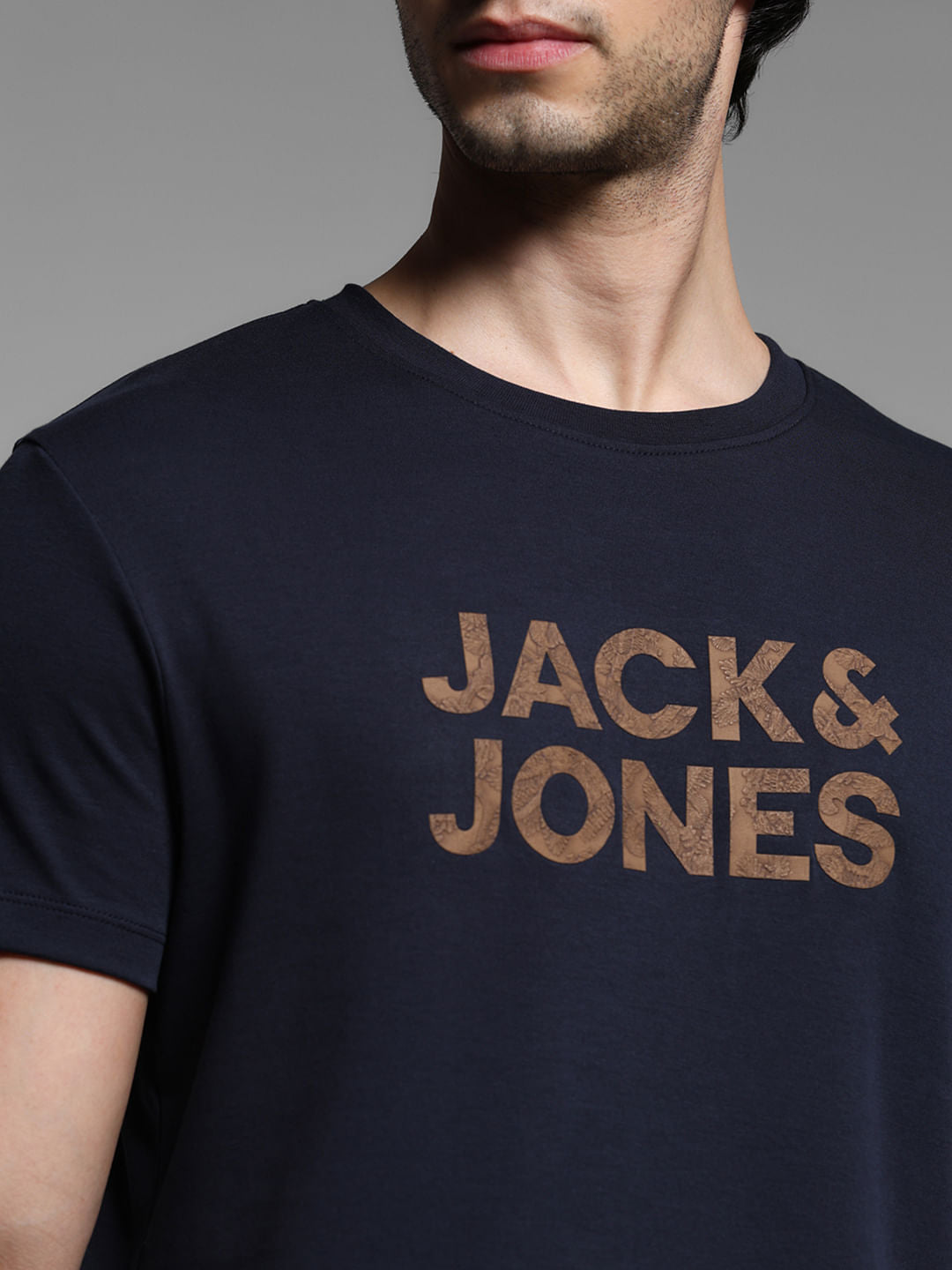 Navy Blue Logo Print Cotton T-shirt