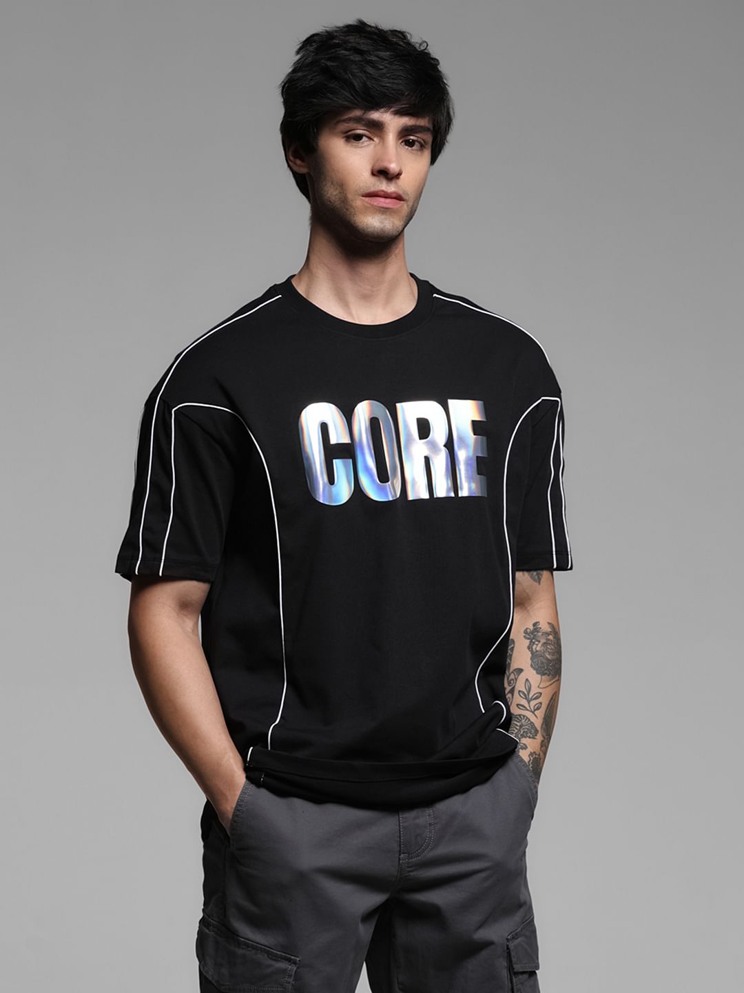 Black Holographic Print Boxy Fit T-shirt