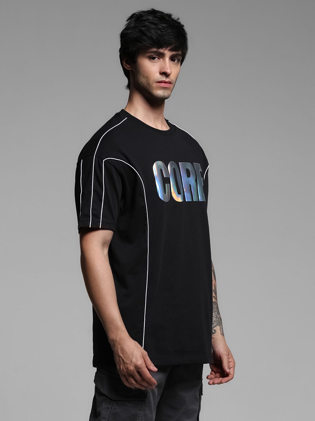 Black Holographic Print Boxy Fit T-shirt