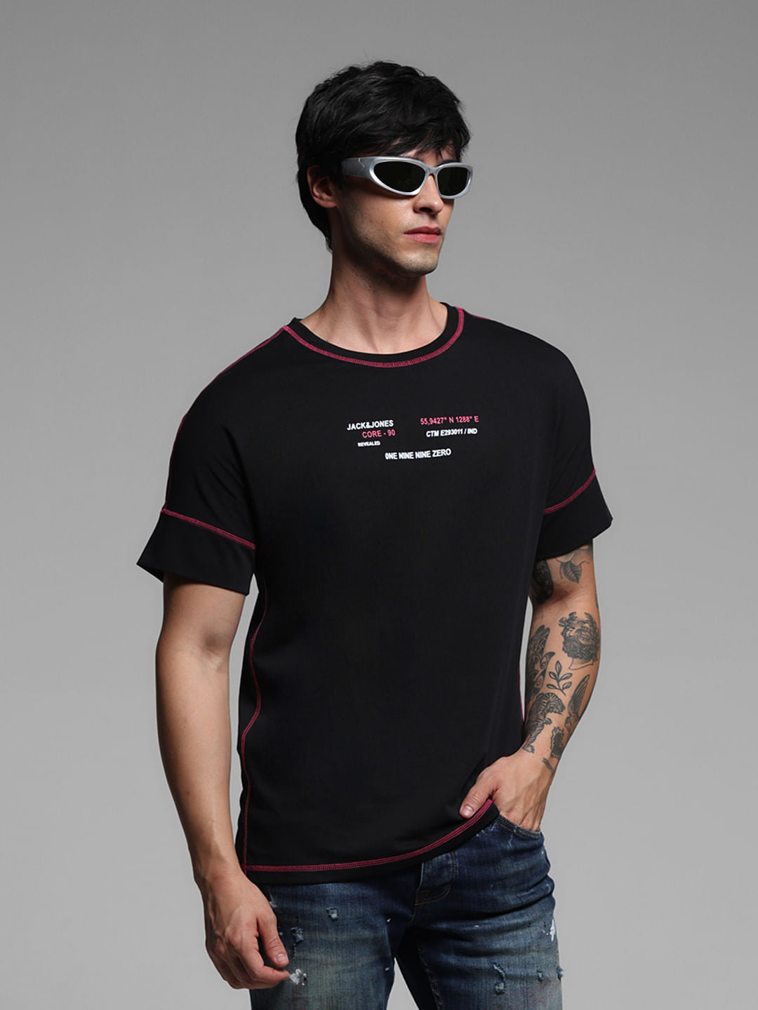 Black Contrast Stitch Cotton T-shirt