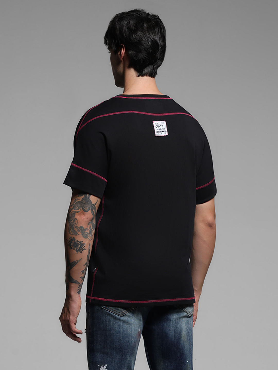 Black Contrast Stitch Cotton T-shirt