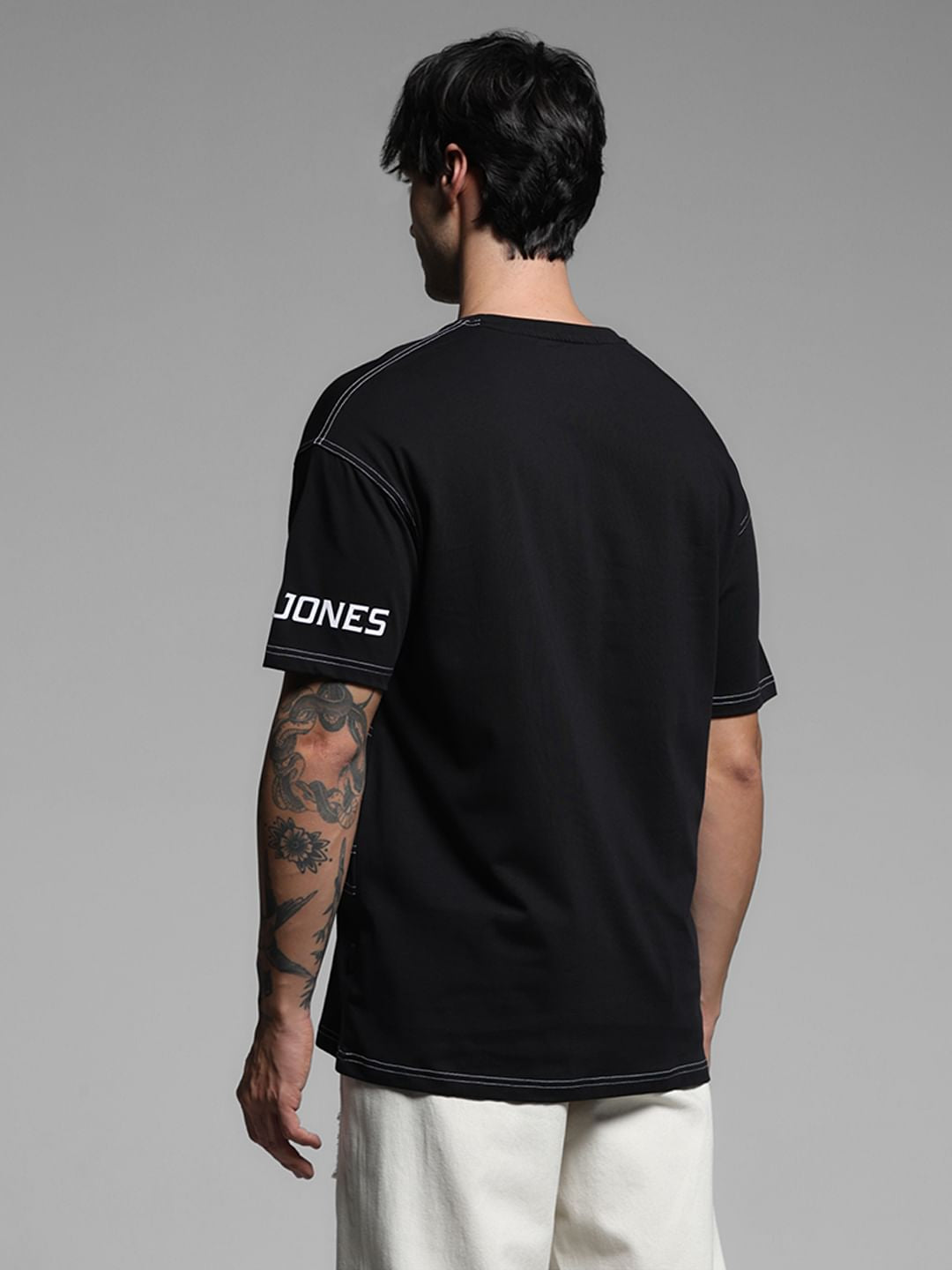 Black Drop Shoulder Contrast Stitch T-shirt