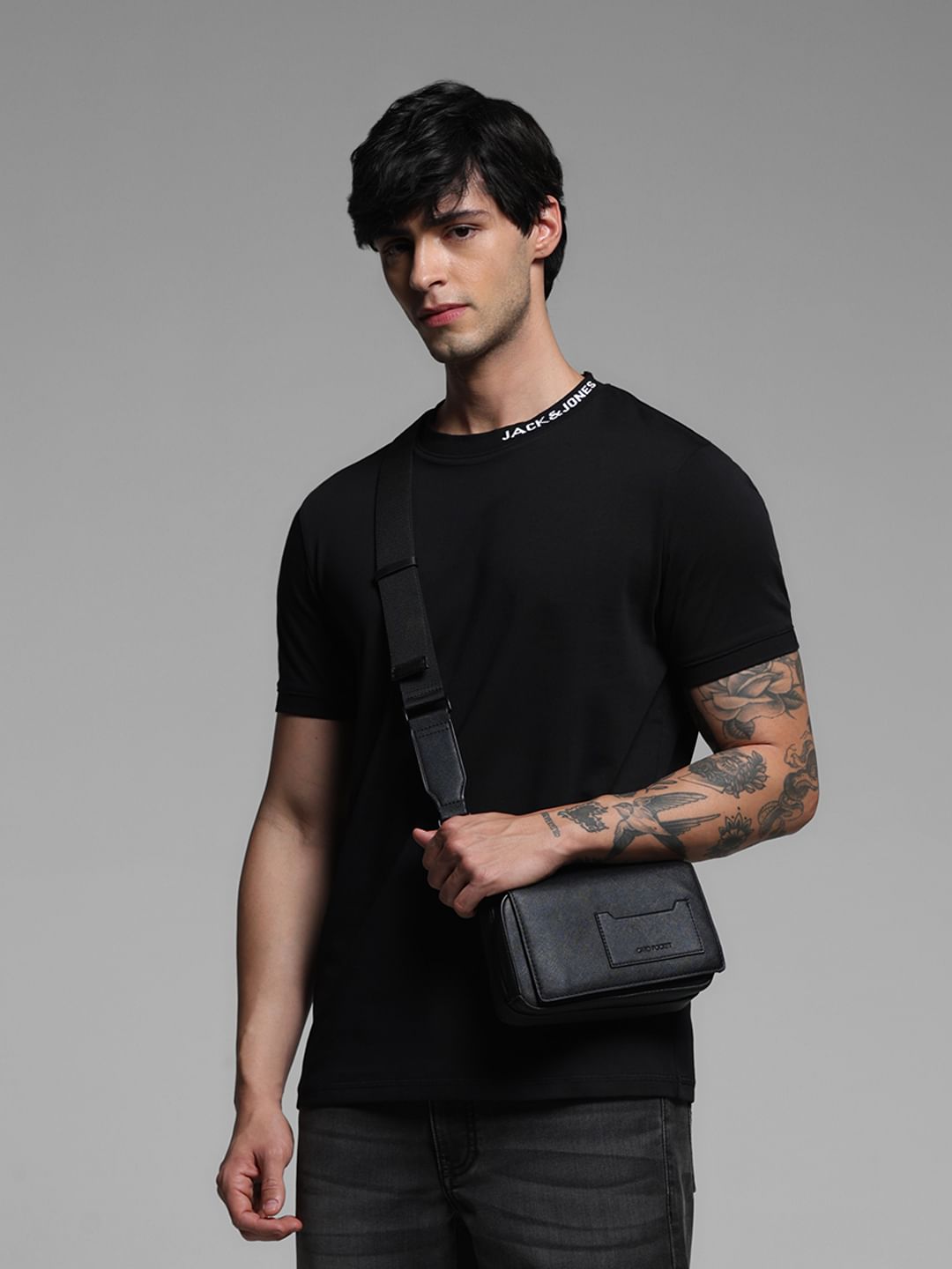 Black Logo Text Crew Neck T-shirt