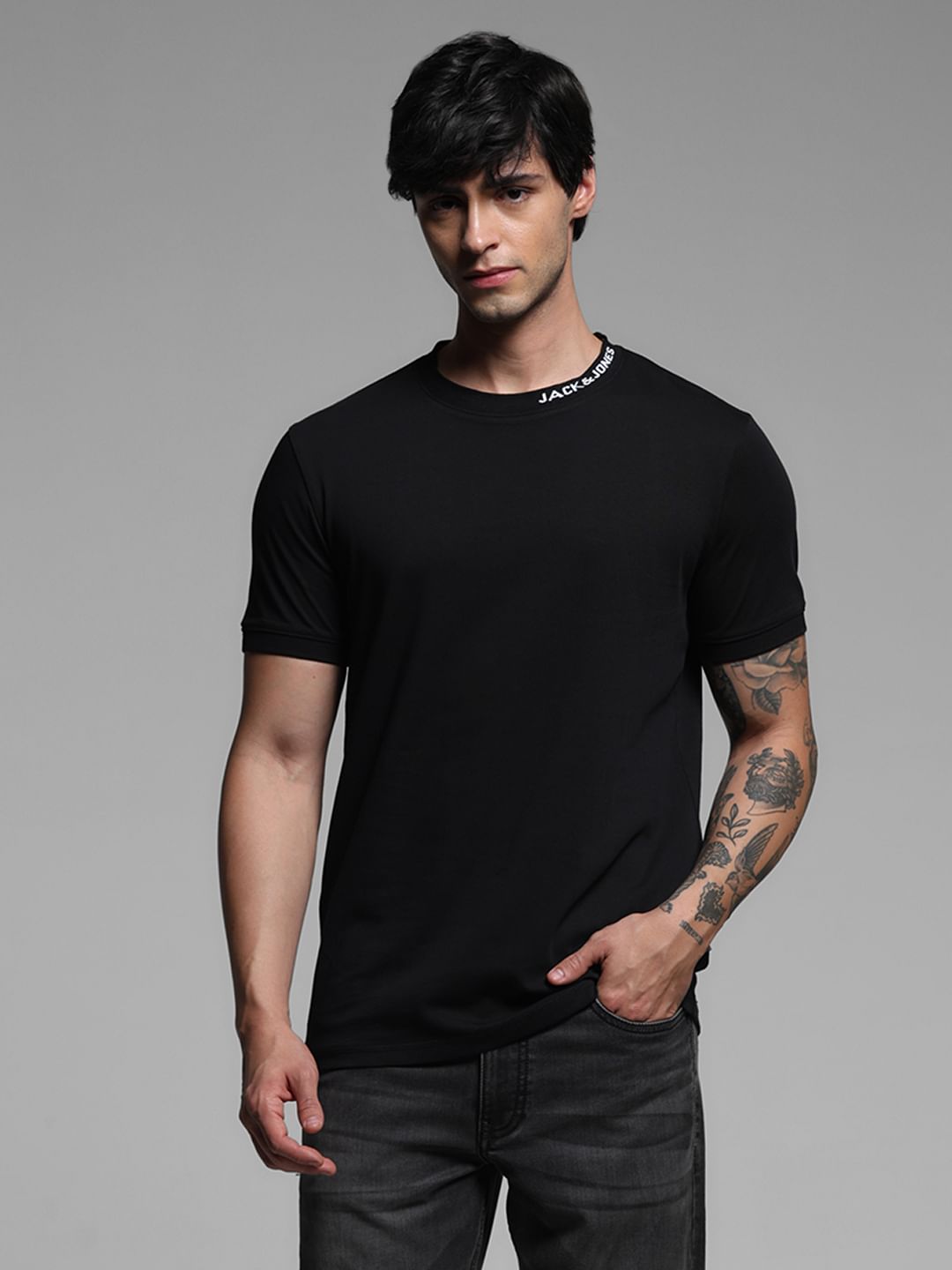 Black Logo Text Crew Neck T-shirt
