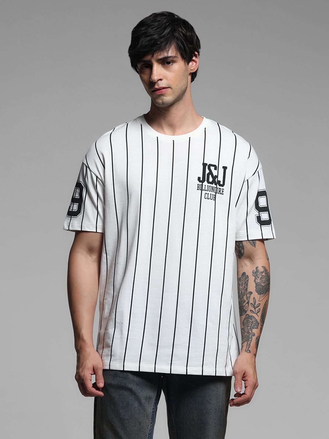 White Striped Drop Shoulder Baseball T-shirt