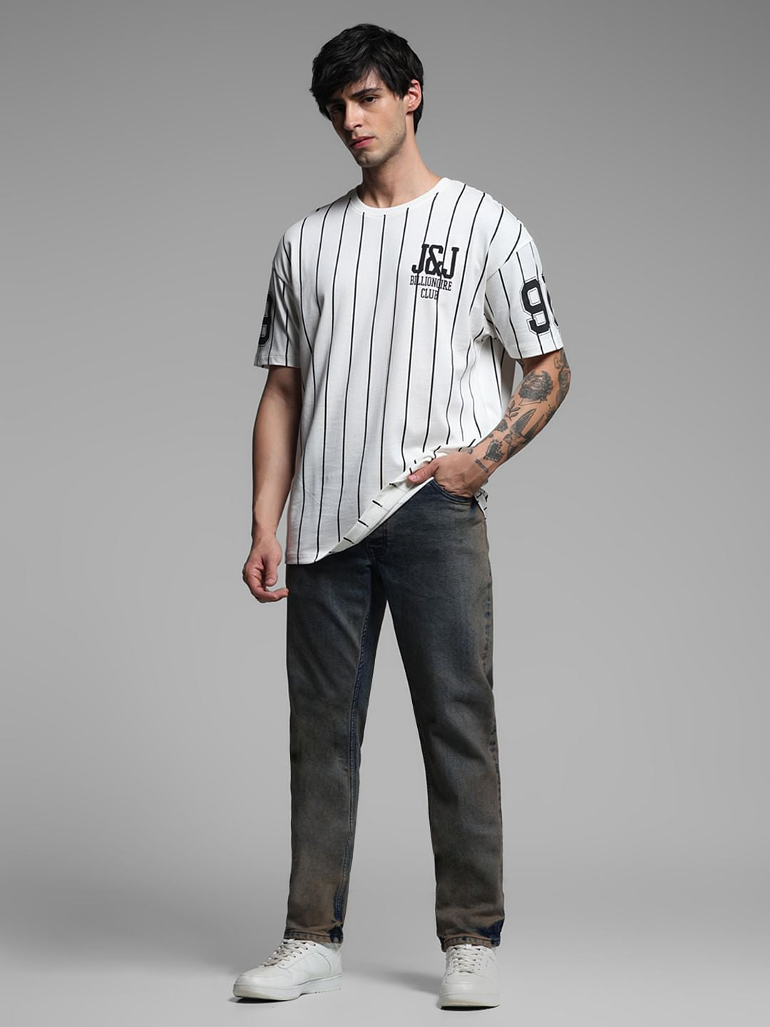 White Striped Drop Shoulder Baseball T-shirt