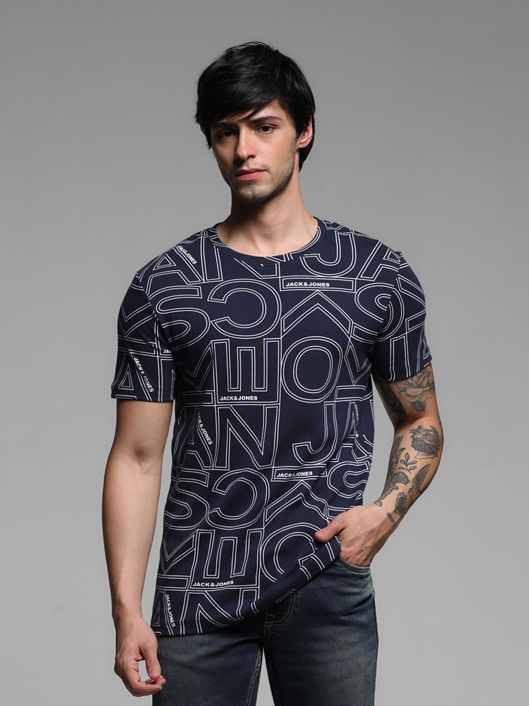 Navy Typographic Print Crew Neck T-shirt