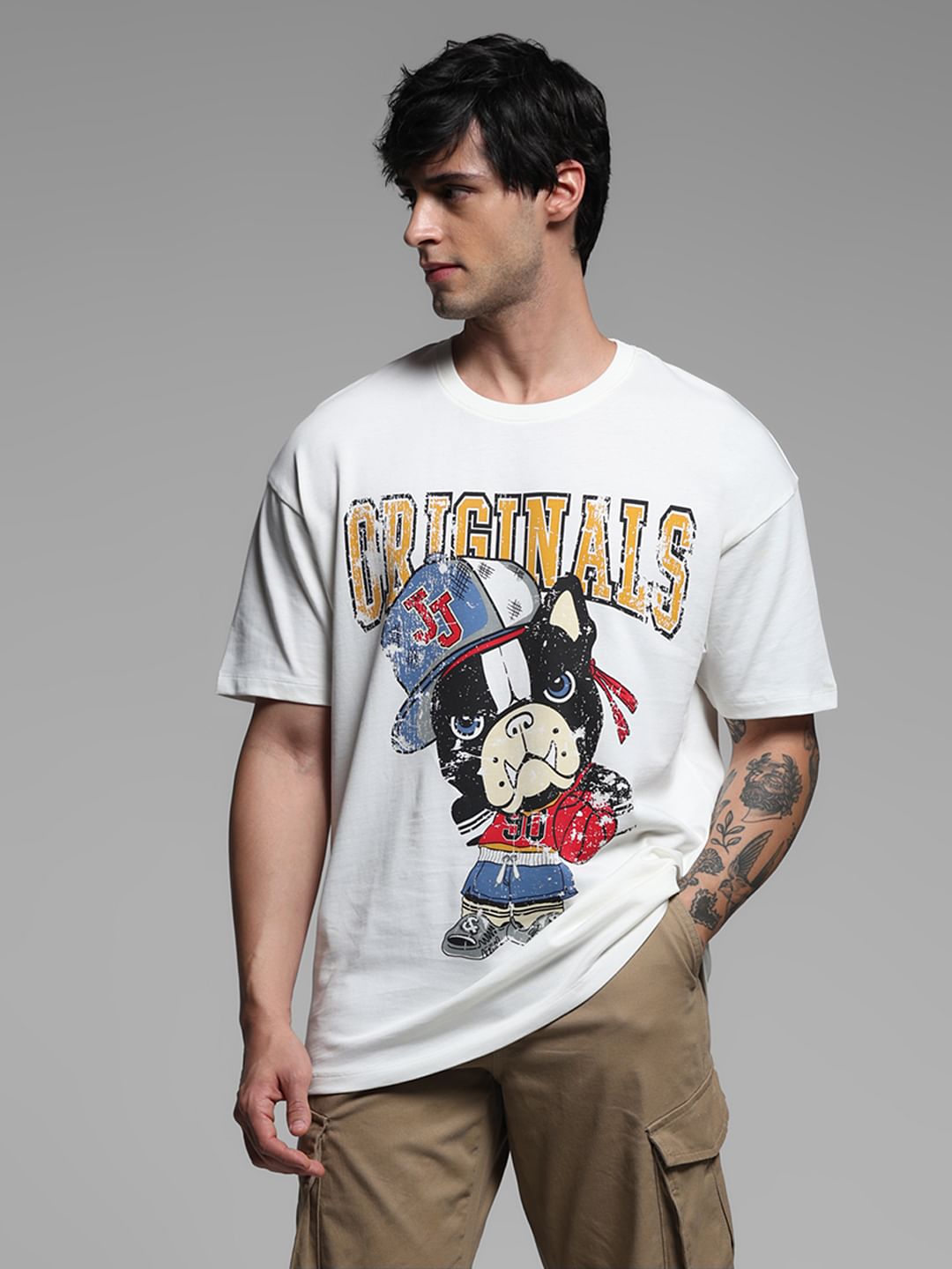 White Printed Drop Shoulder T-shirt
