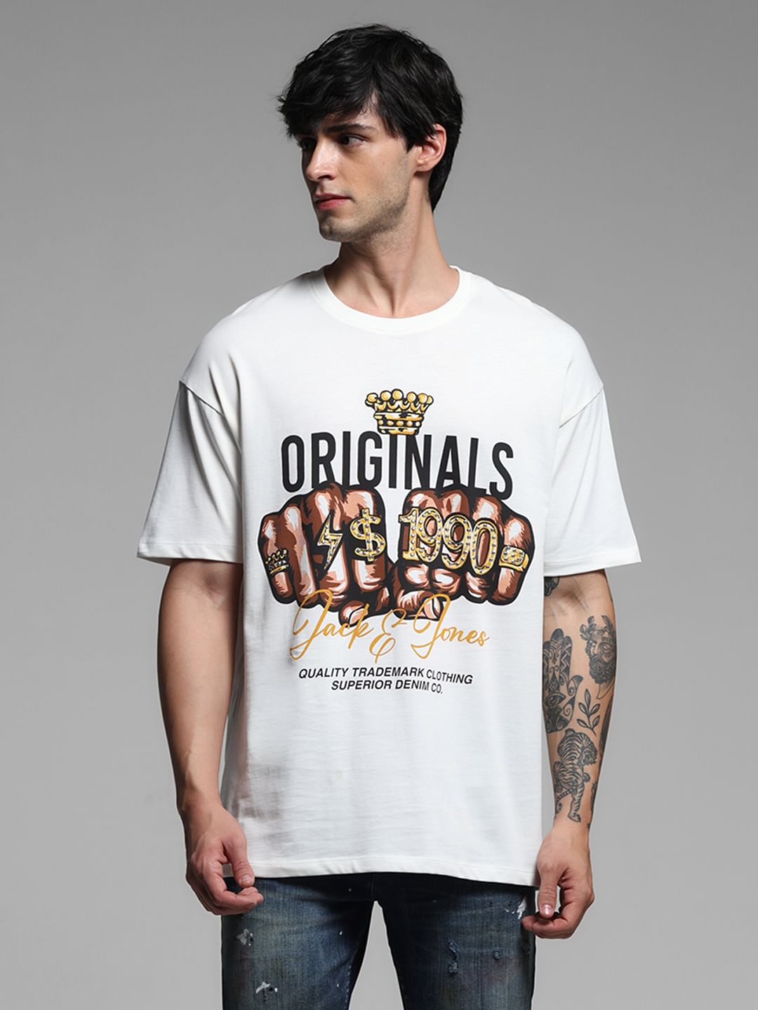 White Printed Drop Shoulder T-shirt