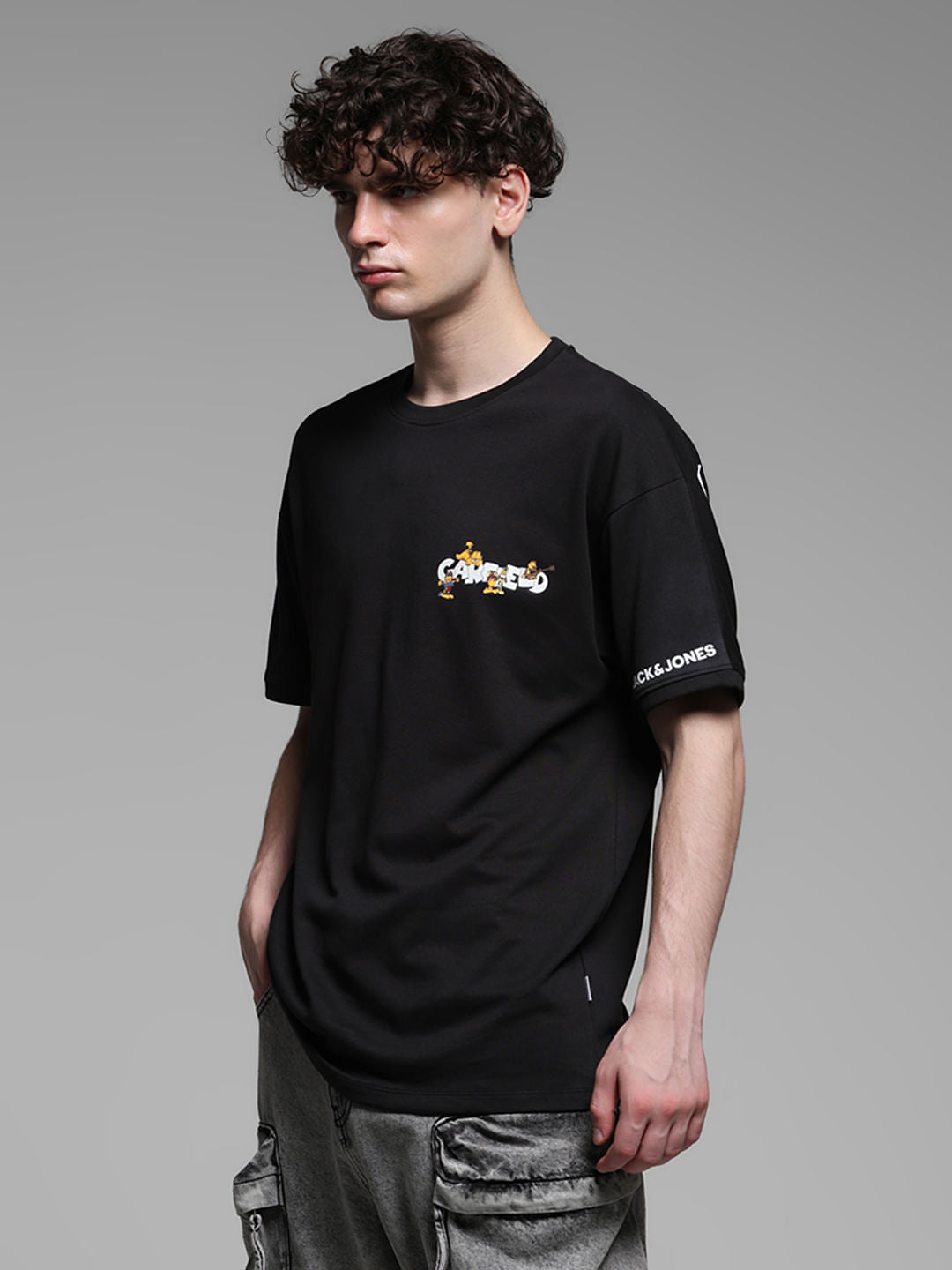 JACK&JONES X GARFIELD Black Text Print Boxy Fit T-Shirt