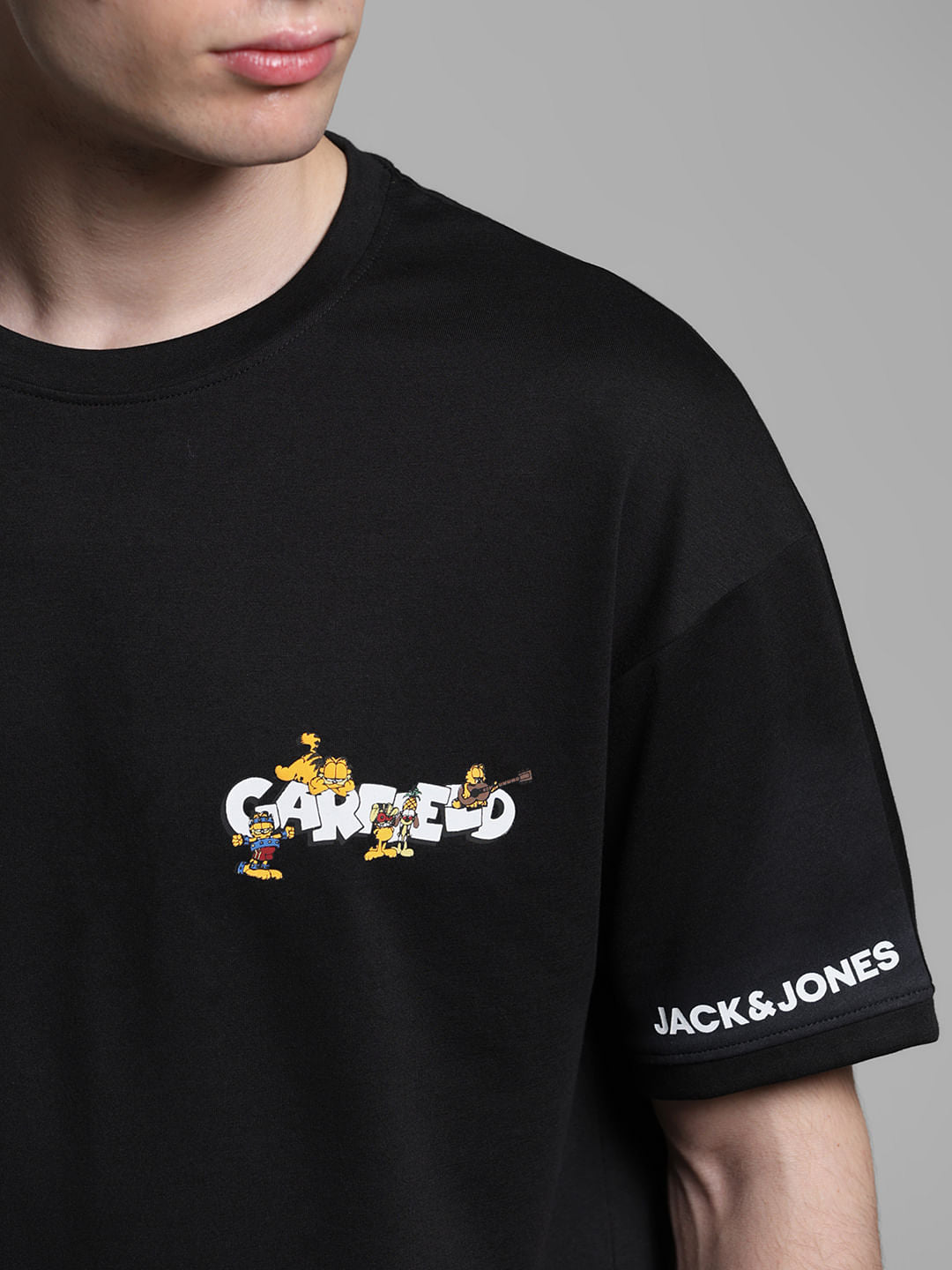 JACK&JONES X GARFIELD Black Text Print Boxy Fit T-Shirt