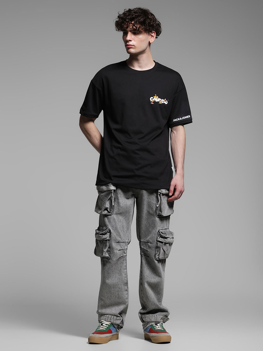 JACK&JONES X GARFIELD Black Text Print Boxy Fit T-Shirt
